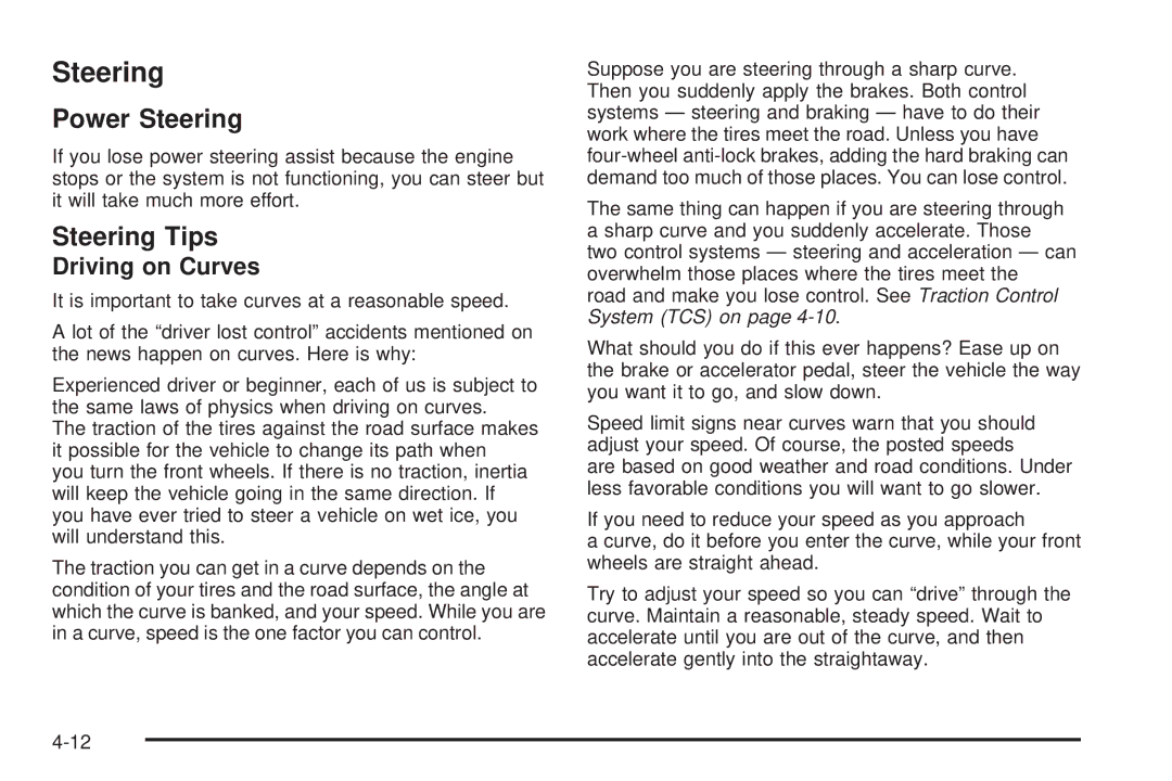 Buick 2005 manual Power Steering, Steering Tips, Driving on Curves 