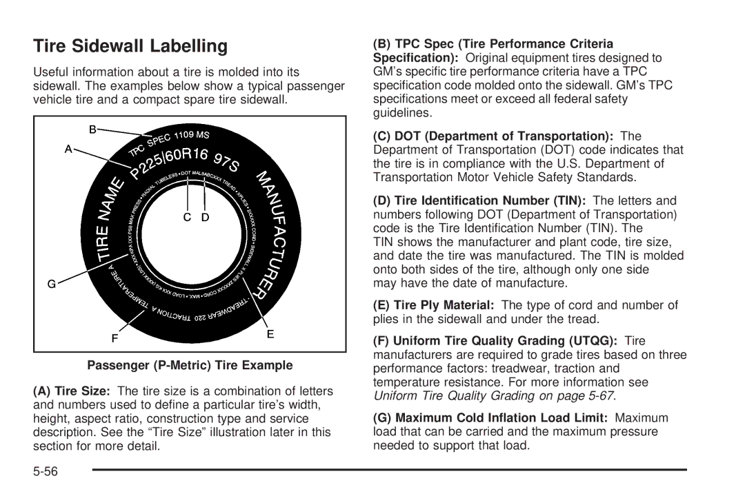 Buick 2005 manual Tire Sidewall Labelling, Passenger P-Metric Tire Example 