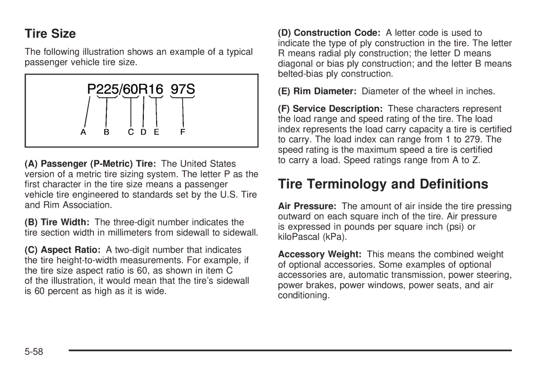 Buick 2005 manual Tire Terminology and Deﬁnitions, Tire Size 