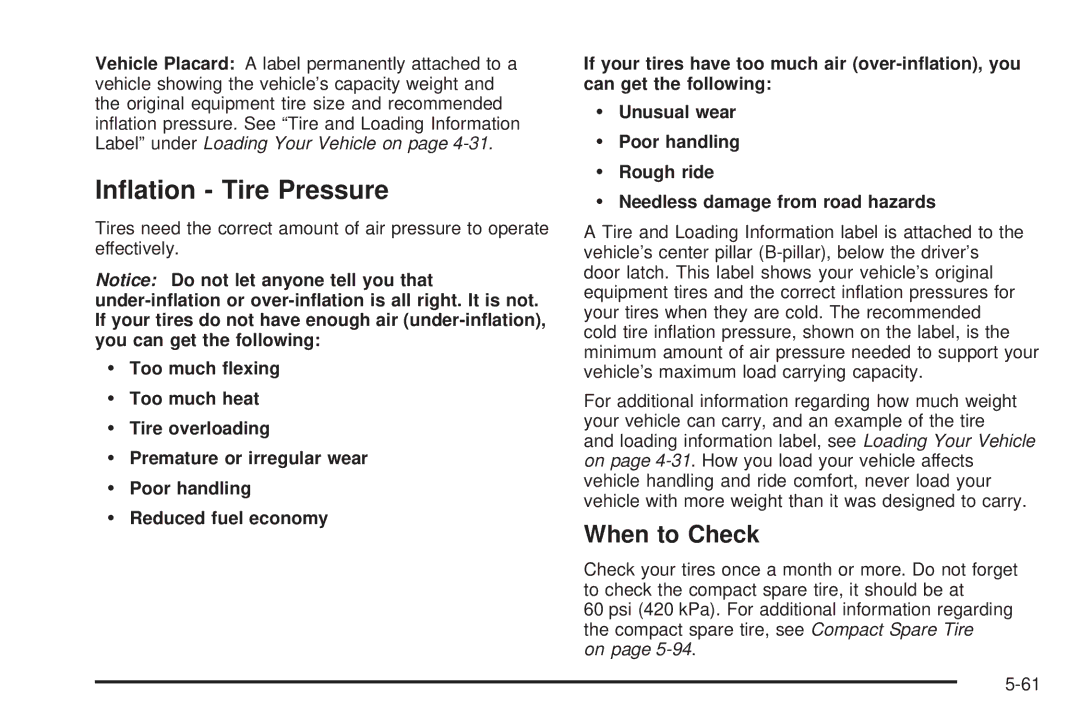 Buick 2005 manual Inﬂation Tire Pressure, When to Check 