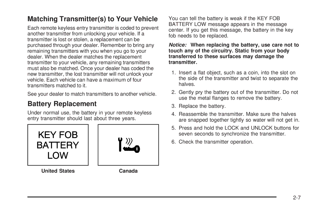 Buick 2005 manual Matching Transmitters to Your Vehicle, Battery Replacement, United States Canada 