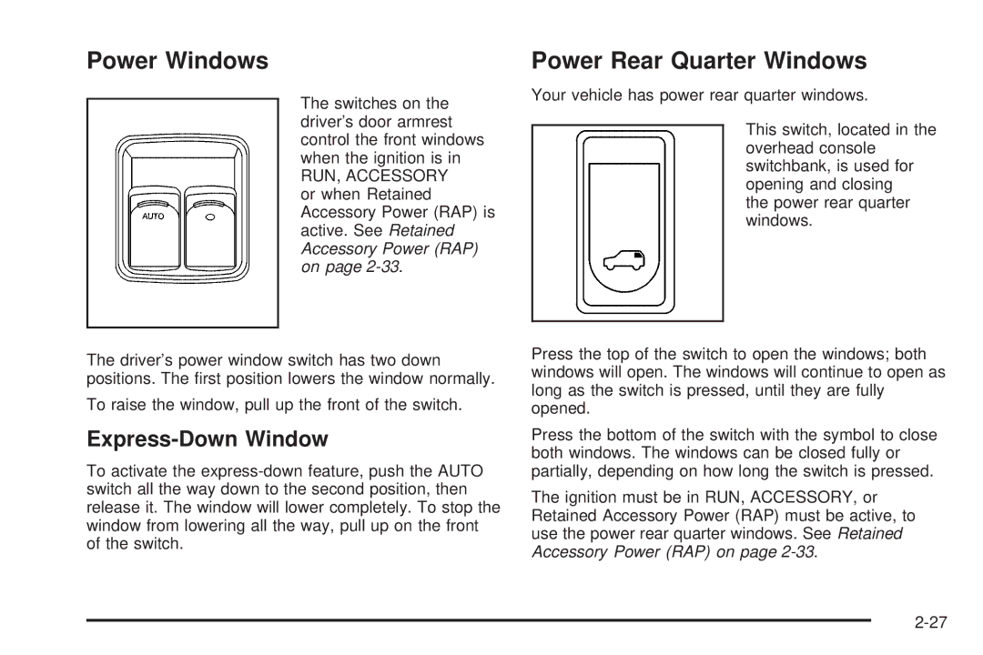 Buick 2006 manual Power Windows, Power Rear Quarter Windows, Express-Down Window 