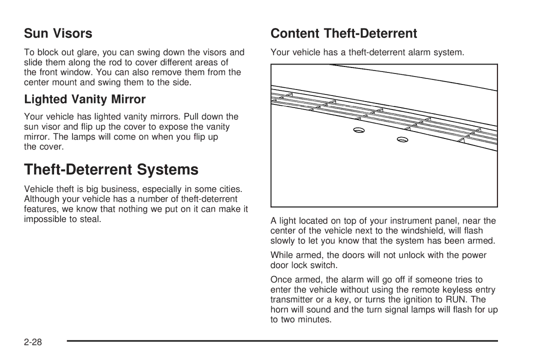 Buick 2006 manual Theft-Deterrent Systems, Sun Visors, Content Theft-Deterrent, Lighted Vanity Mirror 