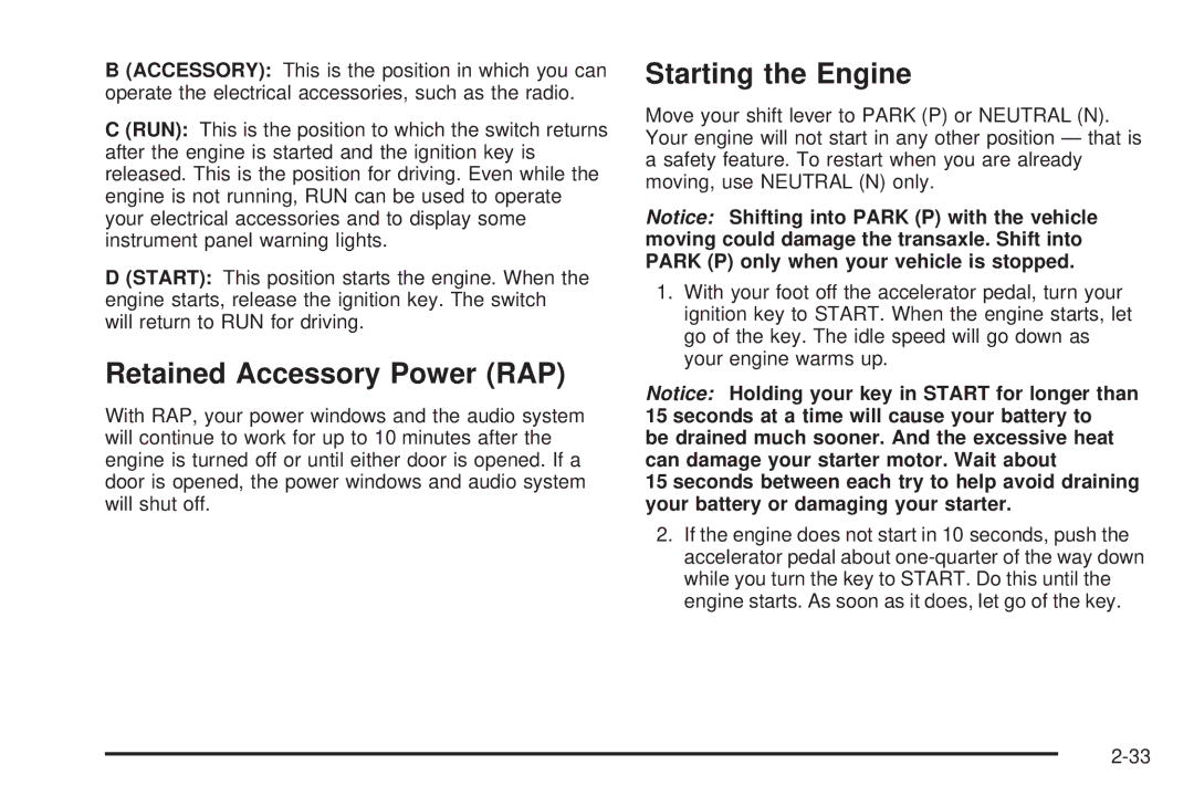 Buick 2006 manual Retained Accessory Power RAP, Starting the Engine 