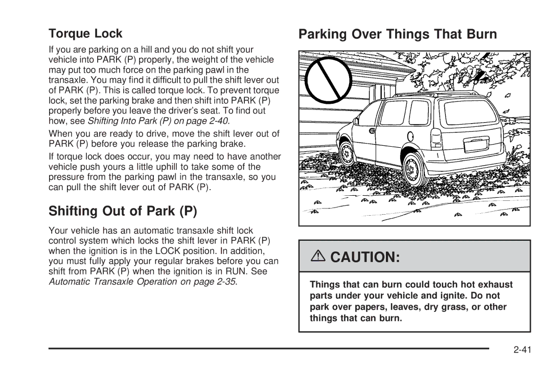 Buick 2006 manual Shifting Out of Park P, Parking Over Things That Burn, Torque Lock 