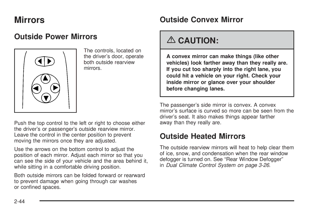 Buick 2006 manual Outside Power Mirrors, Outside Convex Mirror, Outside Heated Mirrors 