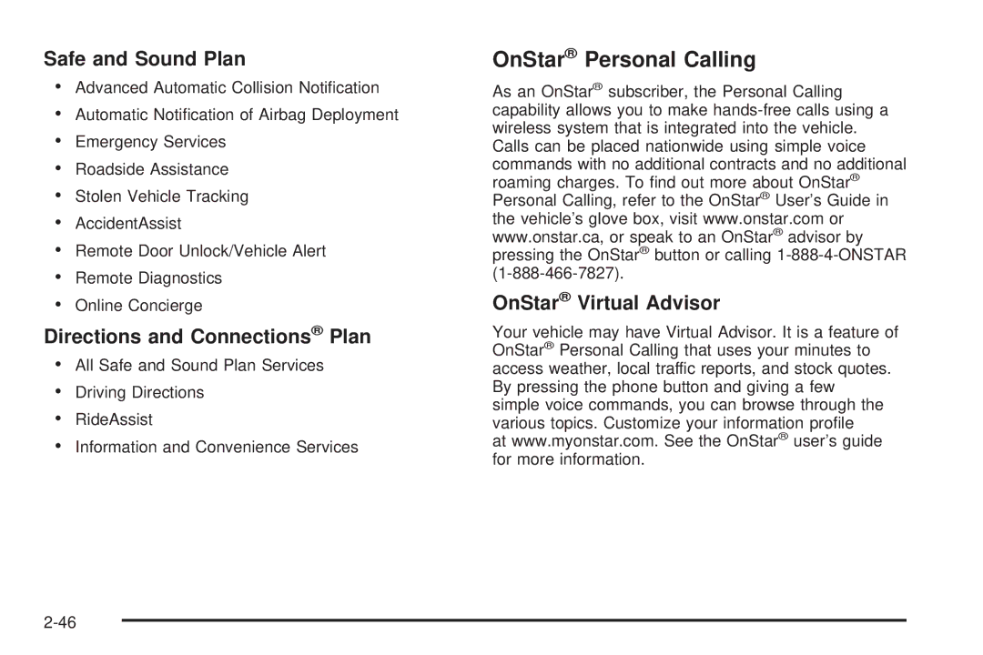 Buick 2006 manual OnStar Personal Calling, Safe and Sound Plan, Directions and Connections Plan, OnStar Virtual Advisor 