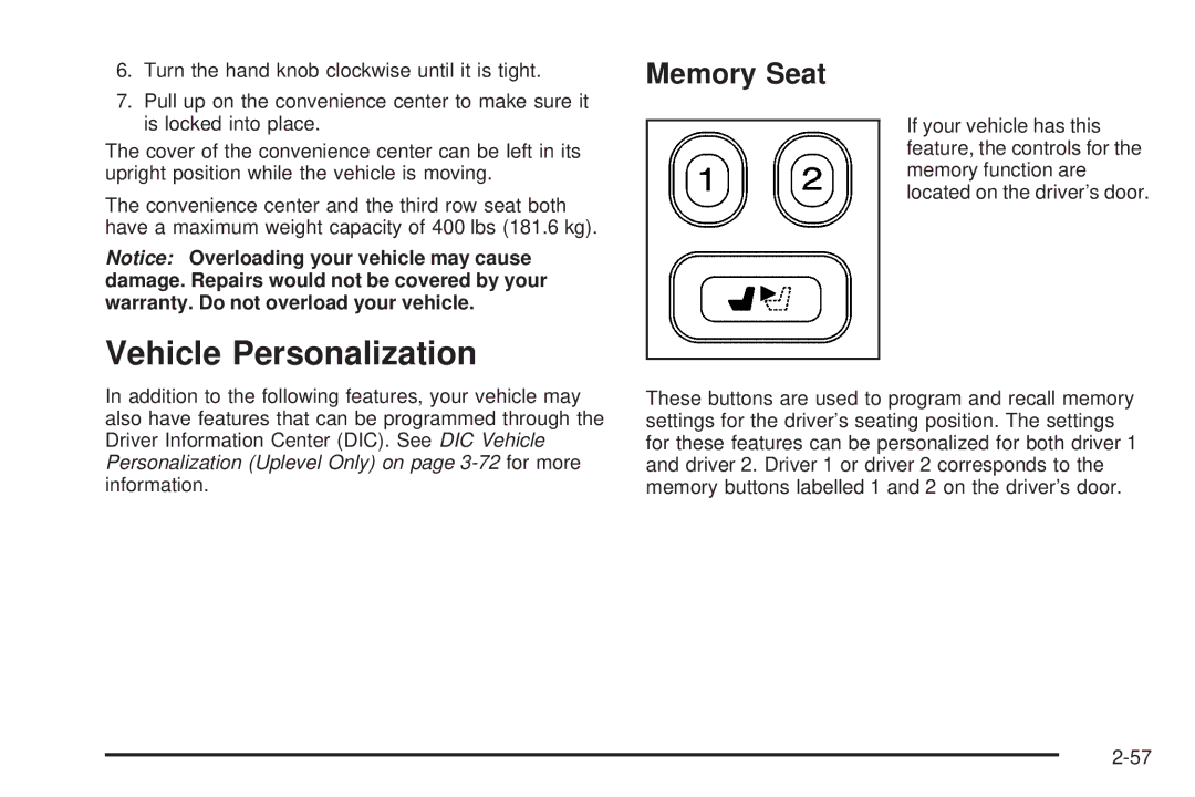 Buick 2006 manual Vehicle Personalization, Memory Seat 