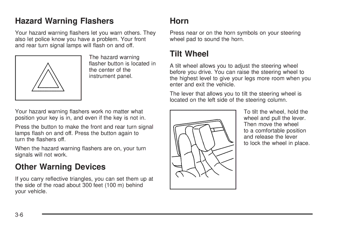 Buick 2006 manual Hazard Warning Flashers, Other Warning Devices, Horn, Tilt Wheel 