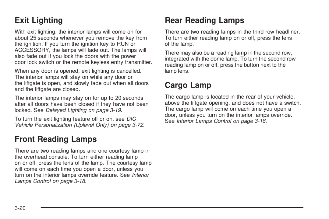 Buick 2006 manual Exit Lighting, Front Reading Lamps, Rear Reading Lamps, Cargo Lamp 