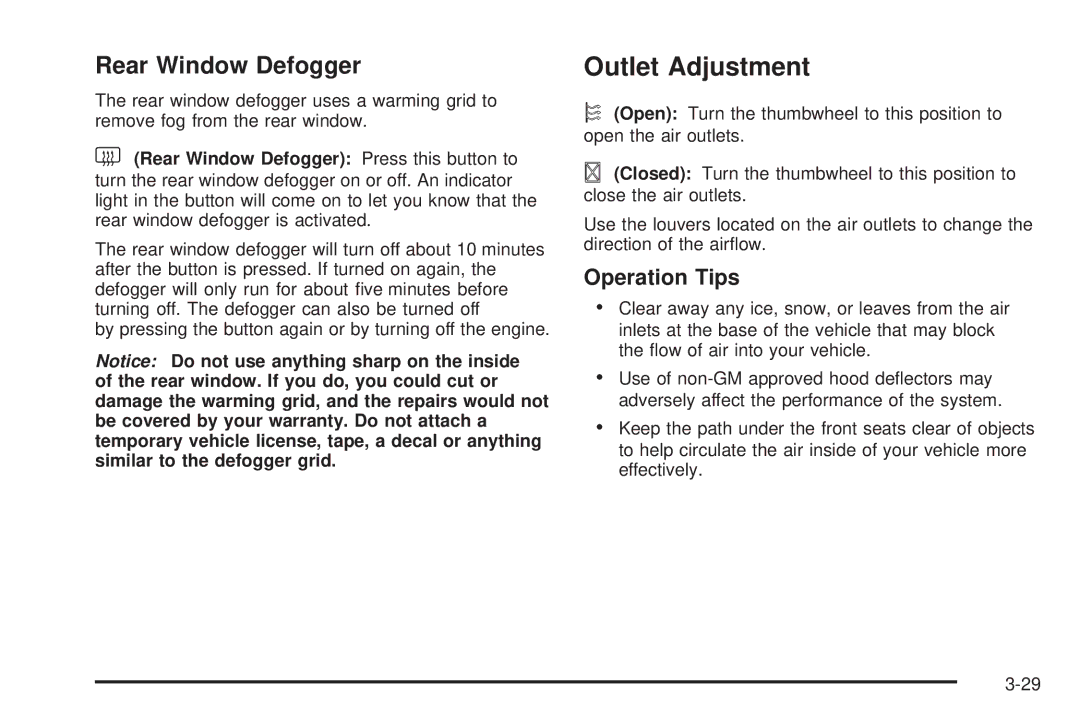 Buick 2006 manual Outlet Adjustment, Rear Window Defogger, Operation Tips 