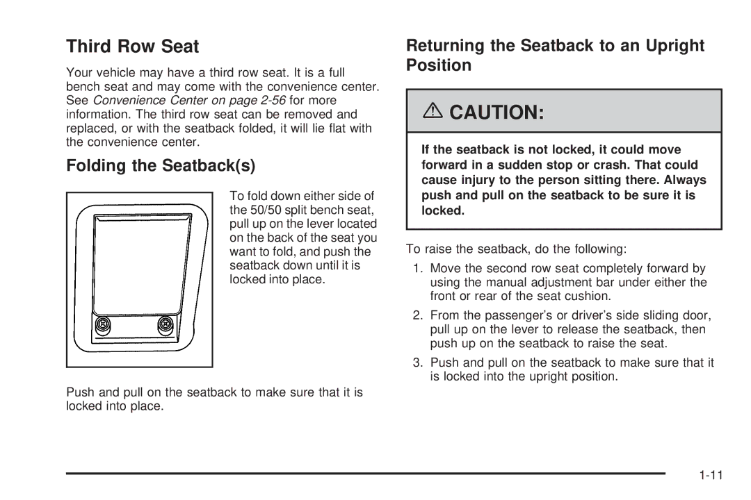 Buick 2006 manual Third Row Seat, Folding the Seatbacks, Returning the Seatback to an Upright Position 