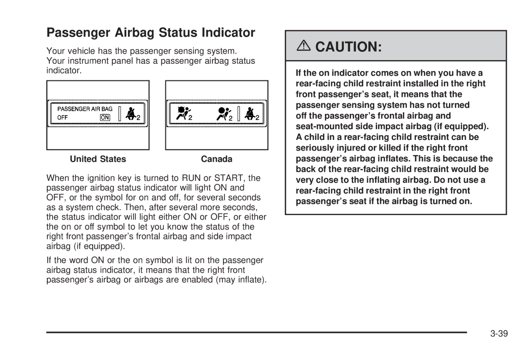 Buick 2006 manual Passenger Airbag Status Indicator, United States Canada 