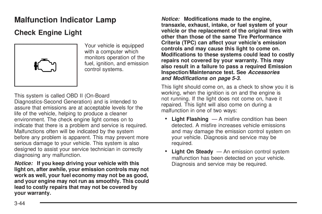 Buick 2006 manual Malfunction Indicator Lamp, Check Engine Light 