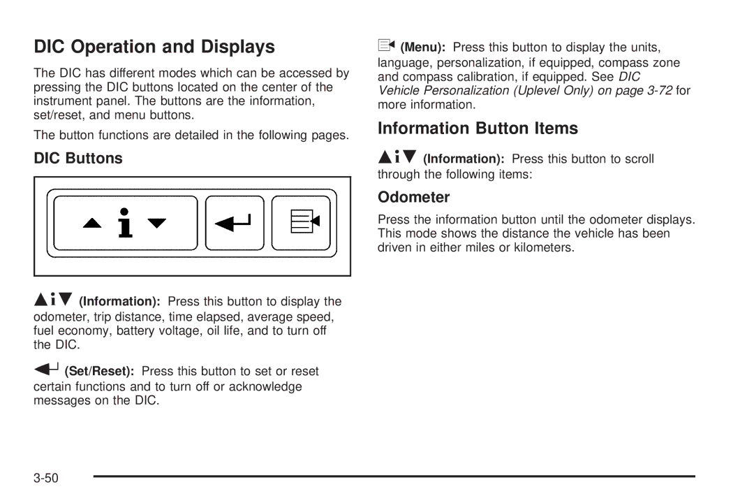 Buick 2006 manual DIC Operation and Displays, Information Button Items, DIC Buttons, Odometer 