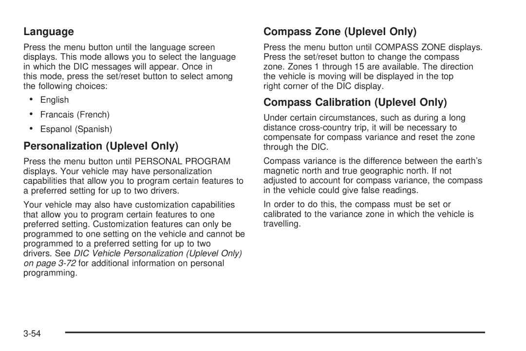 Buick 2006 manual Language, Personalization Uplevel Only, Compass Zone Uplevel Only, Compass Calibration Uplevel Only 