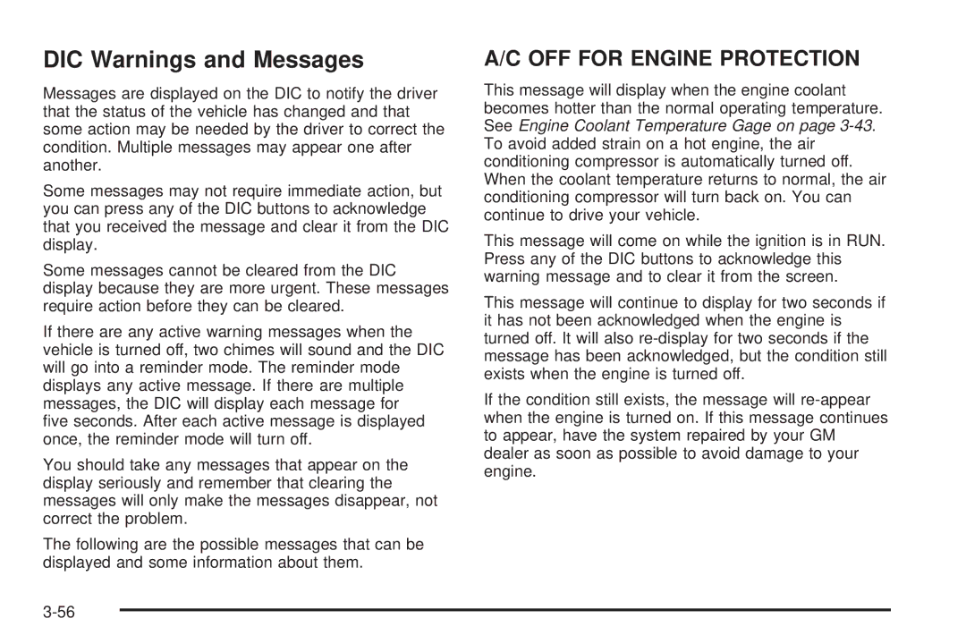 Buick 2006 manual DIC Warnings and Messages, OFF for Engine Protection 