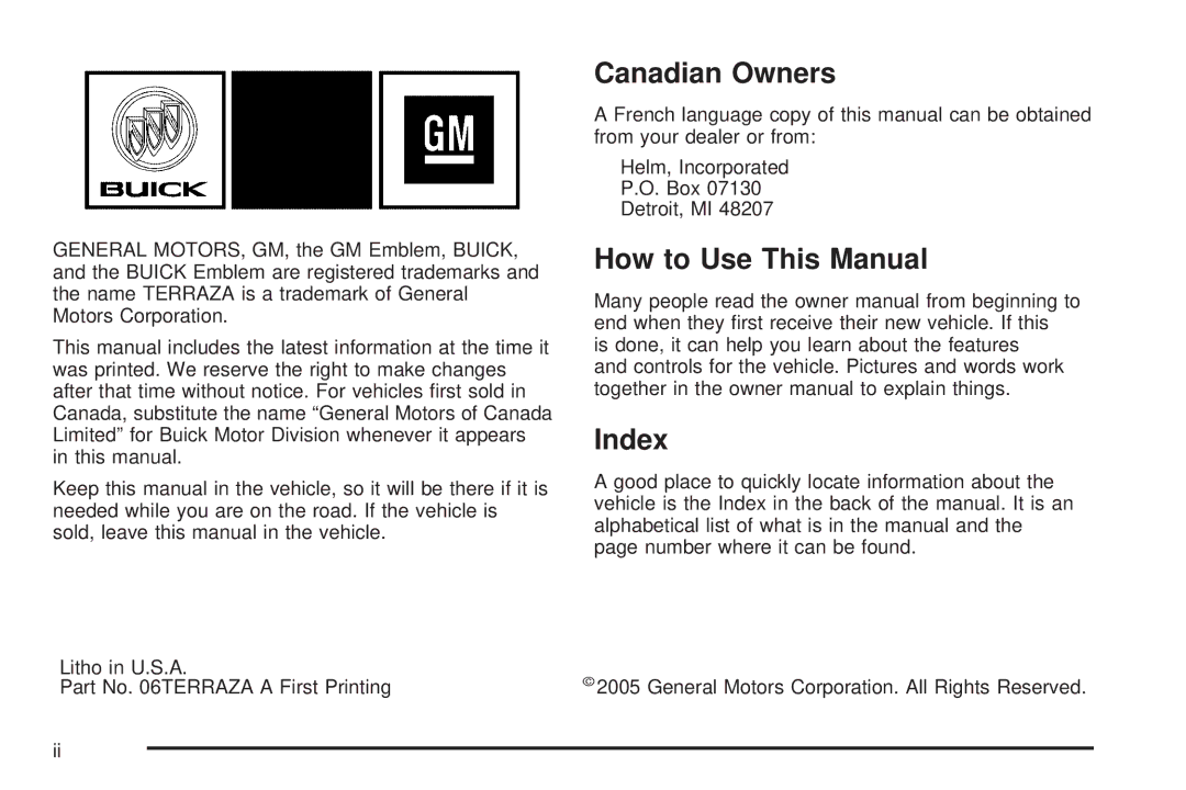 Buick 2006 manual Canadian Owners, How to Use This Manual, Index 