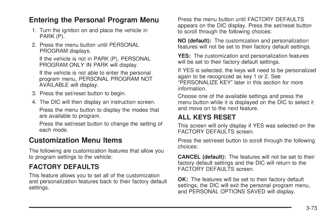 Buick 2006 manual Entering the Personal Program Menu, Customization Menu Items 