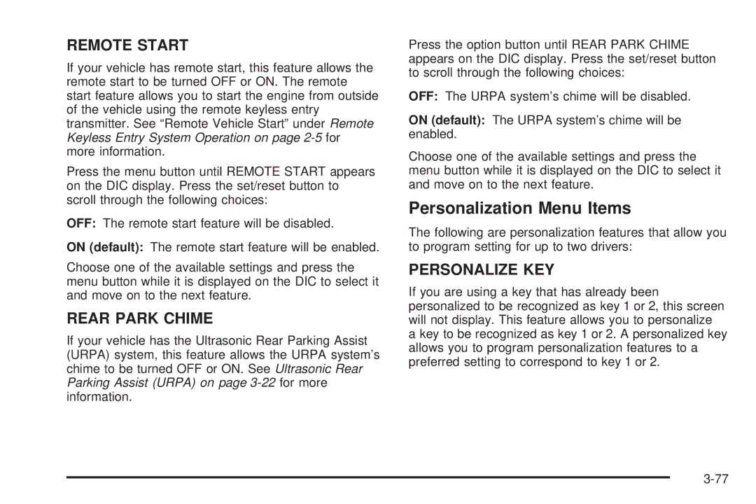 Buick 2006 manual Personalization Menu Items, Remote Start 