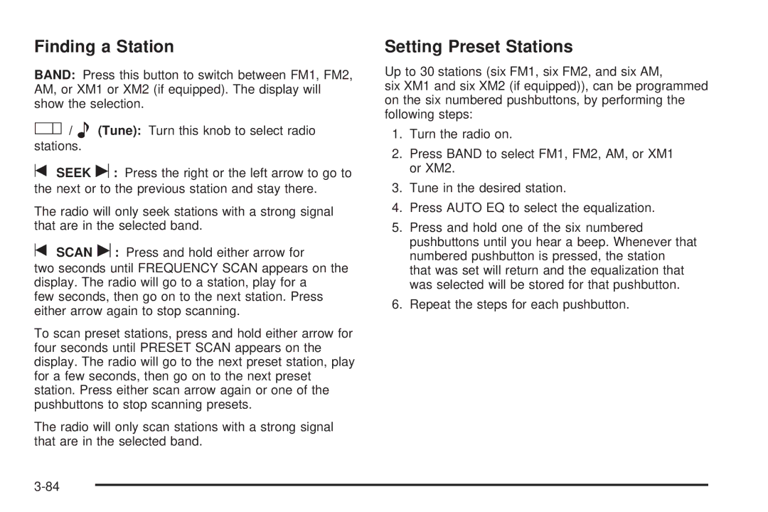 Buick 2006 manual Finding a Station, Setting Preset Stations 