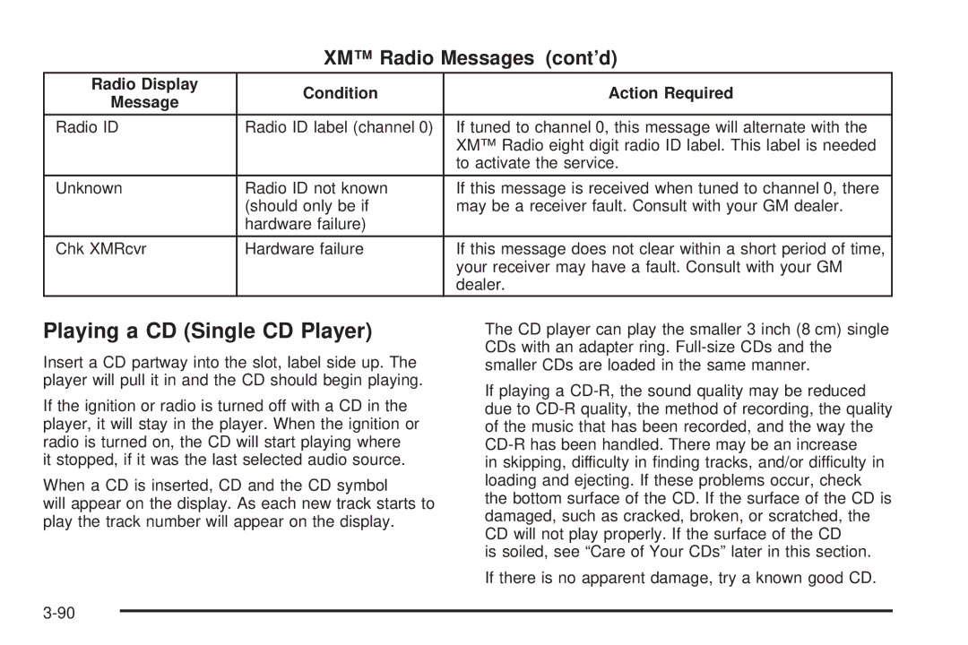 Buick 2006 manual Playing a CD Single CD Player, Radio Display Condition Action Required 