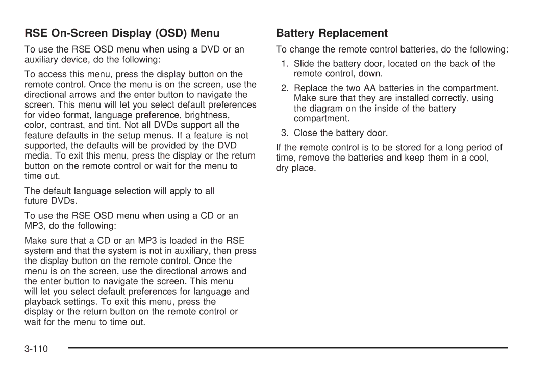 Buick 2006 manual RSE On-Screen Display OSD Menu, Battery Replacement 