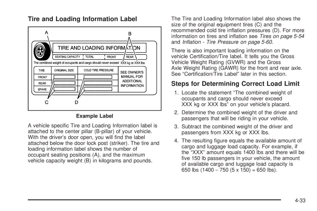 Buick 2006 manual Tire and Loading Information Label, Steps for Determining Correct Load Limit, Example Label 