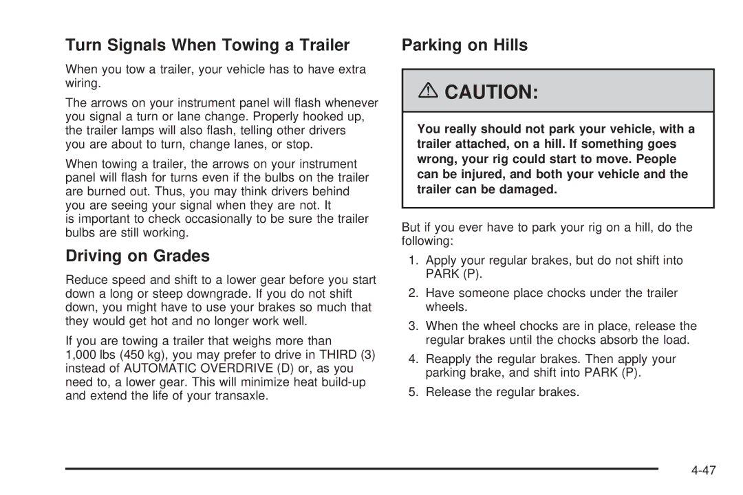 Buick 2006 manual Turn Signals When Towing a Trailer, Driving on Grades, Parking on Hills 