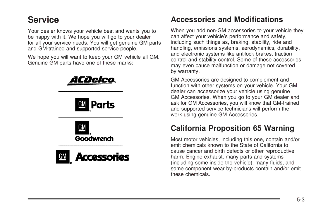 Buick 2006 manual Service, Accessories and Modiﬁcations, California Proposition 65 Warning 