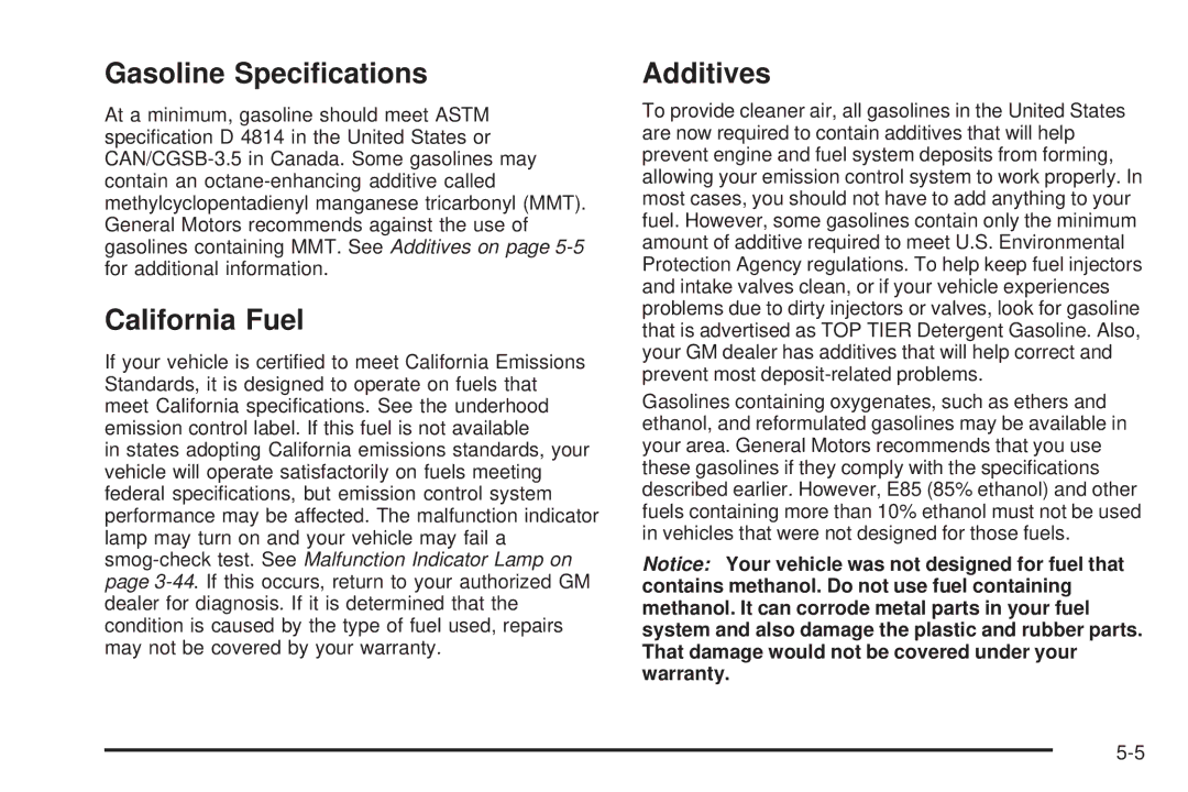 Buick 2006 manual Gasoline Speciﬁcations, California Fuel, Additives 