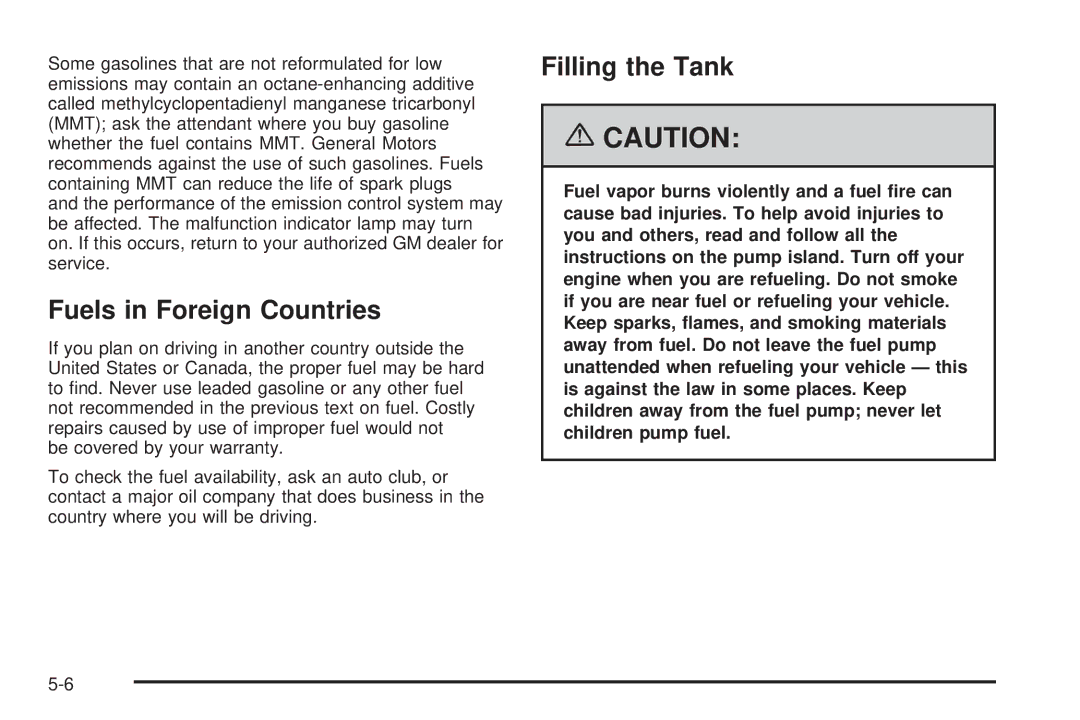 Buick 2006 manual Fuels in Foreign Countries, Filling the Tank 