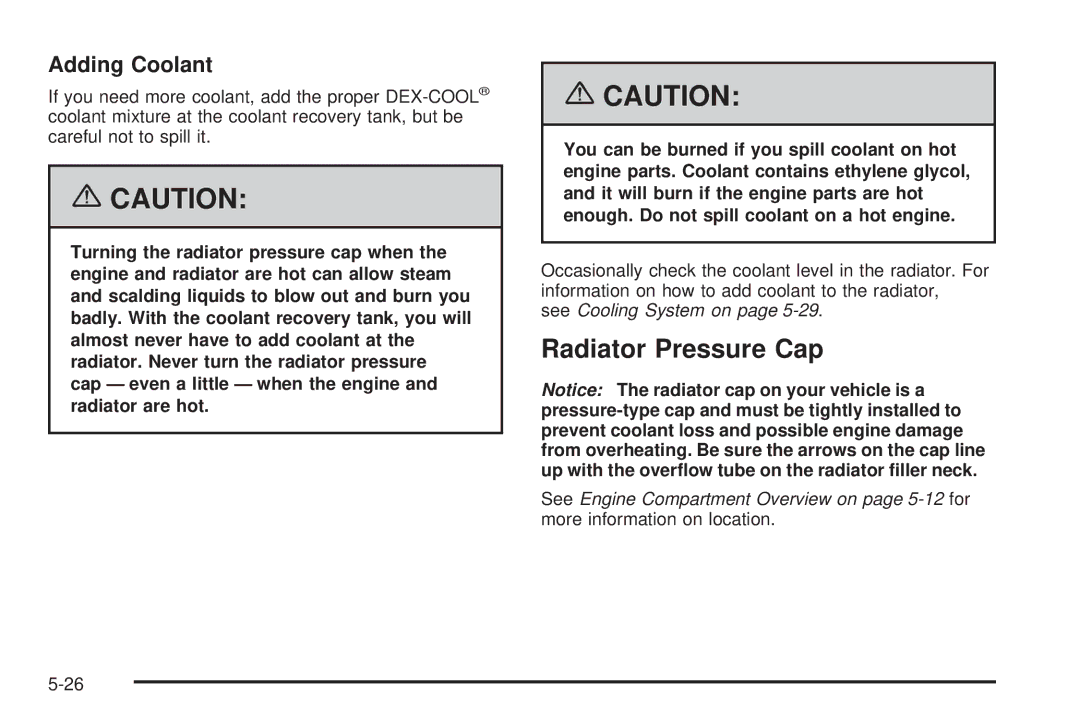 Buick 2006 manual Radiator Pressure Cap, Adding Coolant 