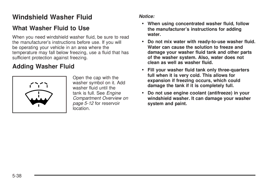 Buick 2006 manual Windshield Washer Fluid, What Washer Fluid to Use, Adding Washer Fluid 