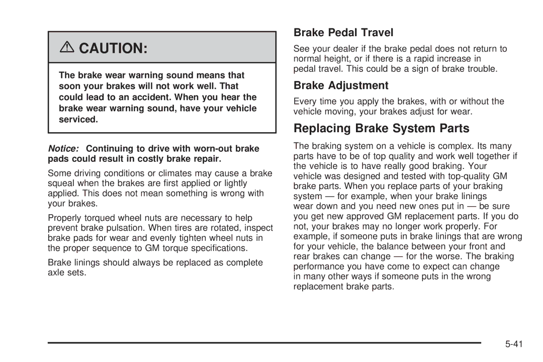 Buick 2006 manual Replacing Brake System Parts, Brake Pedal Travel, Brake Adjustment 