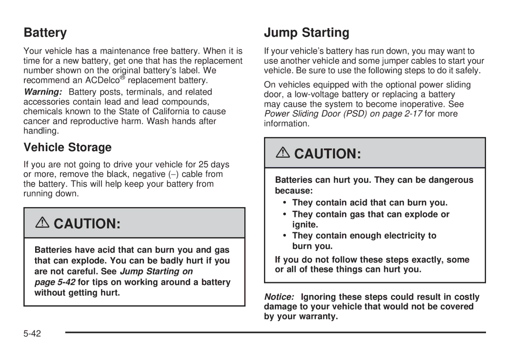 Buick 2006 manual Battery, Jump Starting, Vehicle Storage 