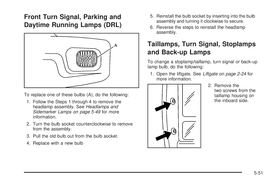 Buick 2006 Front Turn Signal, Parking and Daytime Running Lamps DRL, Taillamps, Turn Signal, Stoplamps and Back-up Lamps 