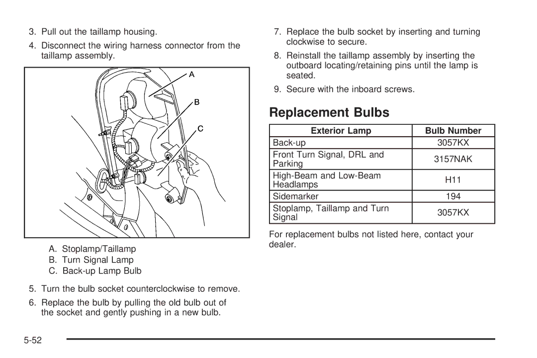 Buick 2006 manual Replacement Bulbs, Exterior Lamp Bulb Number 