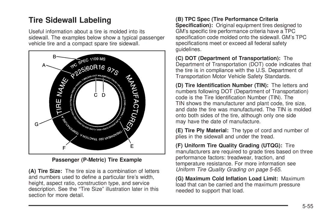 Buick 2006 manual Tire Sidewall Labeling, Passenger P-Metric Tire Example 