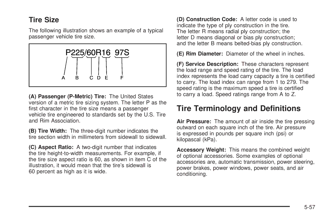 Buick 2006 manual Tire Terminology and Deﬁnitions, Tire Size 