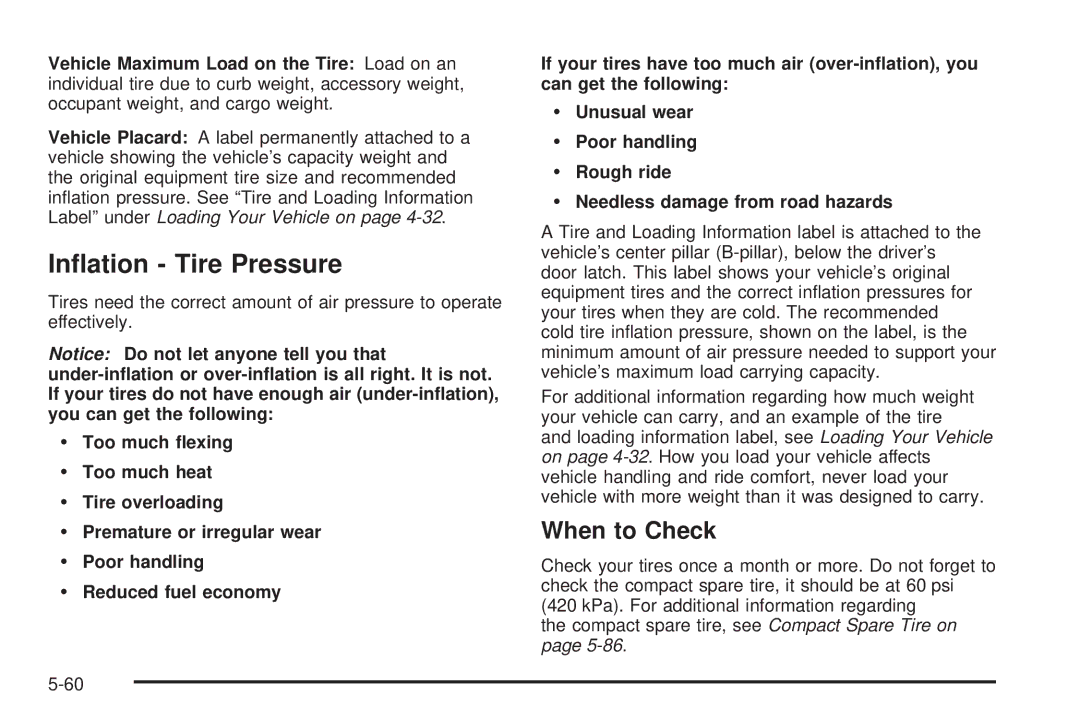 Buick 2006 manual Inﬂation Tire Pressure, When to Check 