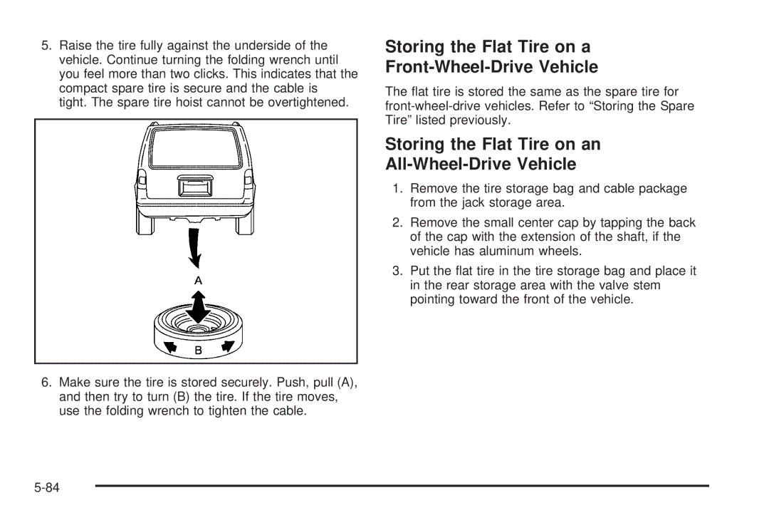 Buick 2006 manual Storing the Flat Tire on a Front-Wheel-Drive Vehicle, Storing the Flat Tire on an All-Wheel-Drive Vehicle 