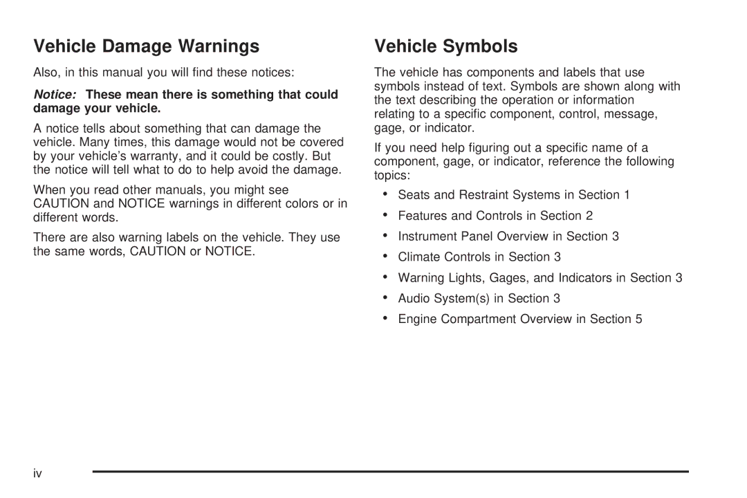 Buick 2006 manual Vehicle Damage Warnings, Vehicle Symbols 