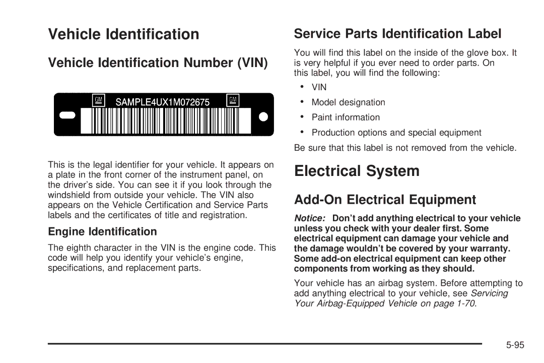 Buick 2006 manual Electrical System, Vehicle Identiﬁcation Number VIN, Service Parts Identiﬁcation Label 