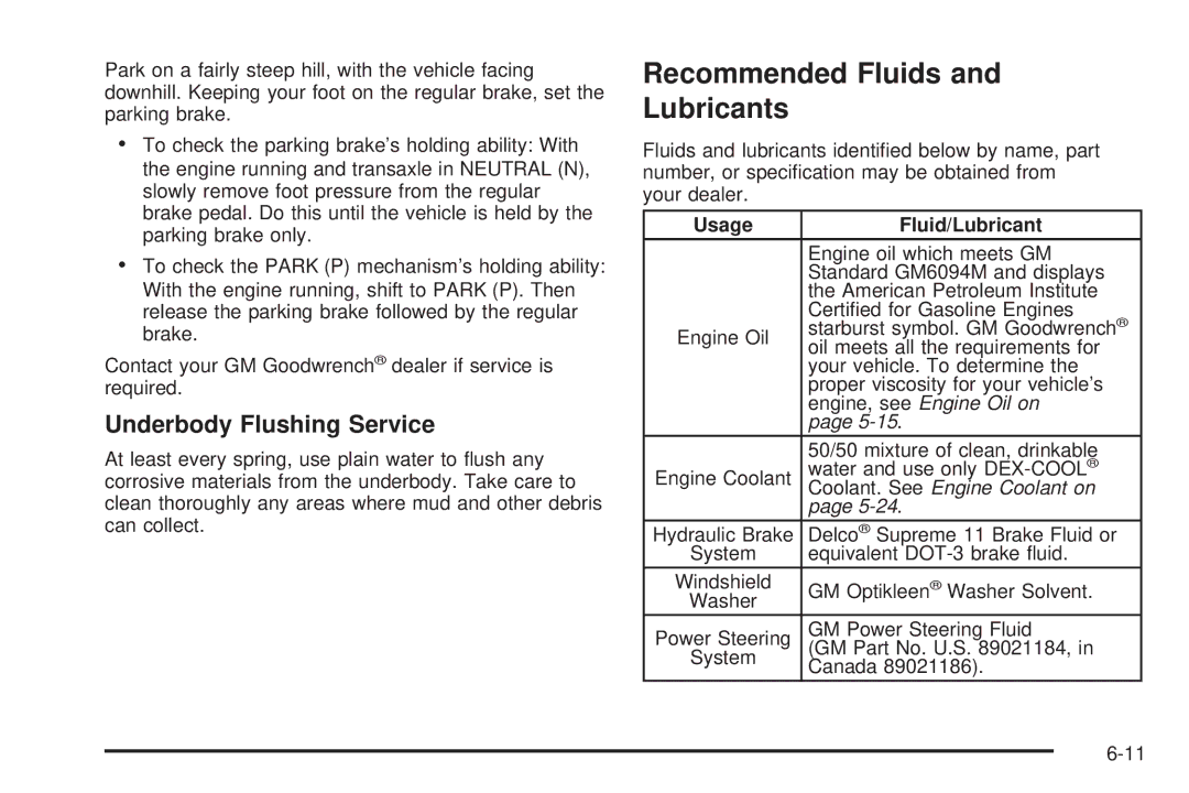 Buick 2006 manual Recommended Fluids Lubricants, Underbody Flushing Service, Usage Fluid/Lubricant 