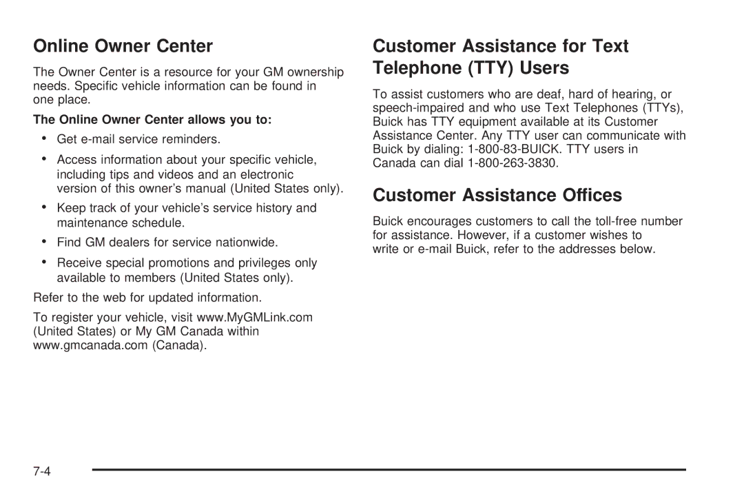 Buick 2006 manual Online Owner Center, Customer Assistance for Text Telephone TTY Users, Customer Assistance Offices 