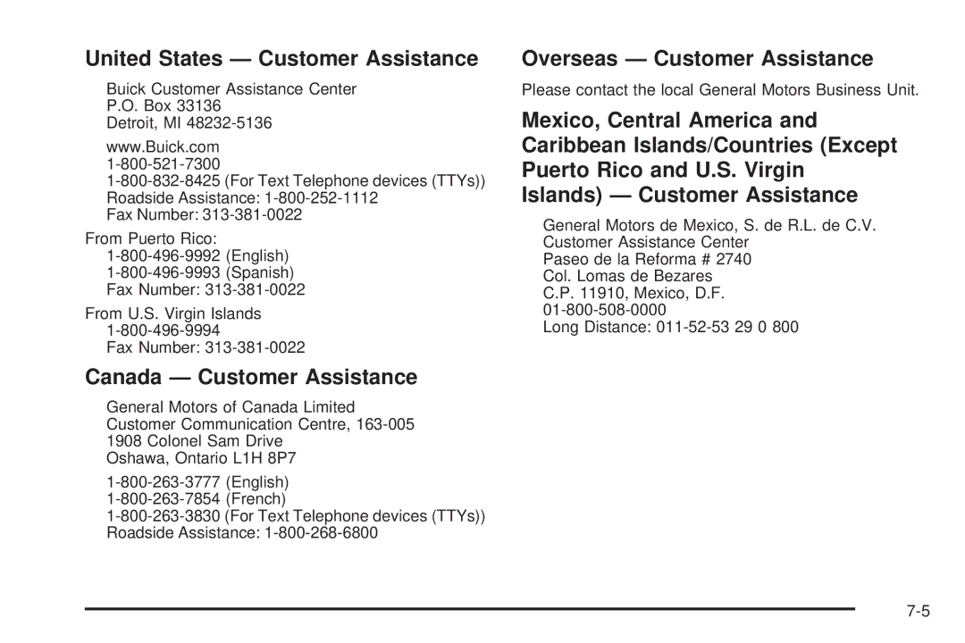 Buick 2006 manual United States Customer Assistance, Canada Customer Assistance, Overseas Customer Assistance 