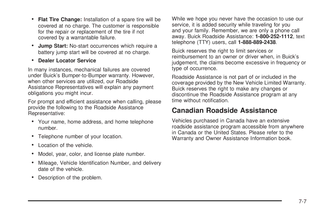 Buick 2006 manual Canadian Roadside Assistance, Dealer Locator Service 