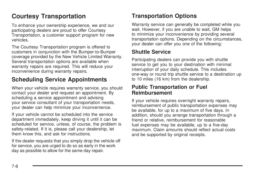 Buick 2006 manual Courtesy Transportation, Scheduling Service Appointments, Transportation Options, Shuttle Service 