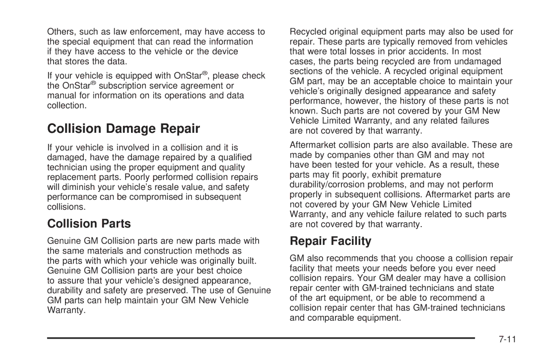 Buick 2006 manual Collision Damage Repair, Collision Parts, Repair Facility 